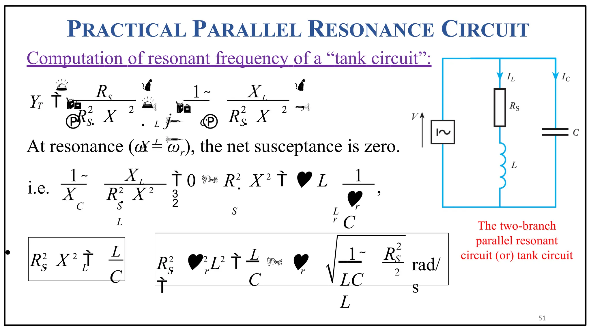 PRACTICAL PARALLEL RESONANCE CIRCUIT
Computation of resonant frequency of a “tank circuit”:
At resonance (ω = ωr), the net susceptance is zero.
i.e.
•
The two-branch
parallel resonant
circuit (or) tank circuit
2 2 2 2
1 
,
RS XL
T 
 L  
L 
S C S

Y 


 j
R  X
 
X
R  X
 
 0  R2
 X 2
  L

S L
r
X R2
 X 2
S
L
1 1
,
XL
C r

C

R2
 X 2

L
S L
C
2
R2
 2
L2

L
 

2
1 R
 rad/
s
S
S r r
C LC
L
51
 