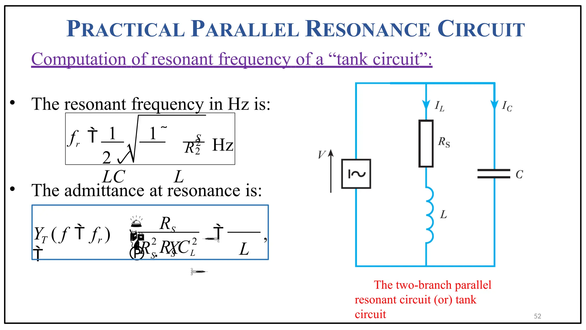 PRACTICAL PARALLEL RESONANCE CIRCUIT
Computation of resonant frequency of a “tank circuit”:
• The resonant frequency in Hz is:
• The admittance at resonance is:
The two-branch parallel
resonant circuit (or) tank
circuit
R2
2
1 1
Hz
fr  
2
LC L
S
2 2
Y ( f  f )

 ,
RS
RS C
T r 
 S L

R  X L

 
52
 