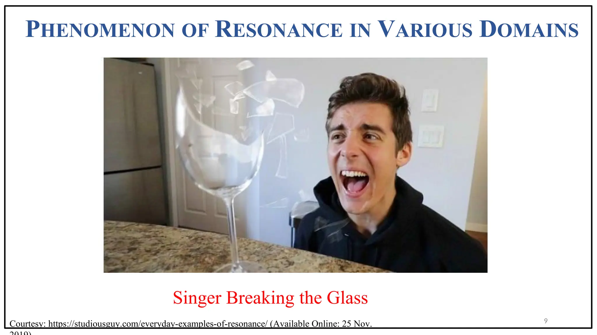 PHENOMENON OF RESONANCE IN VARIOUS DOMAINS
Singer Breaking the Glass
9
Courtesy: https://studiousguy.com/everyday-examples-of-resonance/ (Available Online: 25 Nov.
 