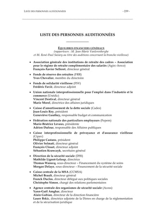 LISTE DES PERSONNES AUDITIONNÉES - 239 -
LISTE DES PERSONNES AUDITIONNÉES
______________
ÉQUILIBRES FINANCIERS GÉNÉRAUX
(rapporteurs : M. Jean-Marie Vanlerenberghe
et M. René-Paul Savary au titre des auditions concernant la branche vieillesse)
 Association générale des institutions de retraite des cadres – Association
pour le régime de retraite complémentaire des salariés (Agirc-Arrco)
François-Xavier Selleret, directeur général
 Fonds de réserve des retraites (FRR)
Yves Chevalier, membre du directoire
 Fonds de solidarité vieillesse (FSV)
Frédéric Favié, directeur adjoint
 Union nationale interprofessionnelle pour l’emploi dans l’industrie et le
commerce (Unédic)
Vincent Destival, directeur général
Marie Morel, directrice des affaires juridiques
 Caisse d’amortissement de la dette sociale (Cades)
Jean-Louis Rey, président
Geneviève Gauthey, responsable budget et communication
 Fédération nationale des particuliers employeurs (Fepem)
Marie-Béatrice Levaux, présidente
Adrien Dufour, responsable des Affaires publiques
 Caisse interprofessionnelle de prévoyance et d'assurance vieillesse
(Cipav)
Philippe Castans, président
Olivier Selmati, directeur général
François Clouet, directeur adjoint
Sébastien Krawczyk, secrétaire général
 Direction de la sécurité sociale (DSS)
Mathilde Lignot-Leloup, directrice
Thomas Wanecq, sous-directeur – Financement du système de soins
Morgan Delaye, sous-directeur – Financement de la sécurité sociale
 Caisse centrale de la MSA (CCMSA)
Michel Brault, directeur général
Franck Duclos, directeur délégué aux politiques sociales
Christophe Simon, chargé des relations parlementaires
 Agence centrale des organismes de sécurité sociale (Acoss)
Yann-Gaël Amghar, directeur
Alain Gubian, directeur de la direction financière
Laure Brkic, directrice adjointe de la Dirres en charge de la réglementation
et de la sécurisation juridique
 