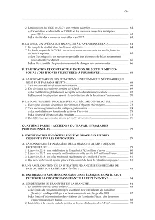 - 5 -
2. La réalisation de l’OGD en 2017 : une certaine déception..................................................... 62
a) L’évolution tendancielle de l’OGD et les mesures nouvelles anticipées
pour 2018....................................................................................................................... 62
b) La réalité des « mesures nouvelles » en 2017.............................................................. 63
B. LA CNSA, UN OPÉRATEUR FINANCIER À L’AVENIR INCERTAIN............................ 64
1. Un compte de résultat structurellement déficitaire ............................................................... 64
2. Les fonds propres de la CNSA : un recours moins soutenu mais un modèle financier
qui reste à repenser.............................................................................................................. 65
a) Les flux négatifs : un recours regrettable aux éléments de bilan notamment
pour absorber le déficit ................................................................................................ 66
b) Les flux positifs : le provisionnement de charges non consommées......................... 66
II. TARIFICATION ET CONTRACTUALISATION DU SECTEUR MÉDICO-
SOCIAL : DES EFFORTS STRUCTURELS À POURSUIVRE ........................................ 68
A. LA FORFAITISATION DES DOTATIONS : UNE DÉMARCHE NÉCESSAIRE QUI
NE SE FAIT PAS SANS HEURTS ....................................................................................... 68
1. Vers une nouvelle tarification médico-sociale ....................................................................... 68
2. État des lieux de la réforme tarifaire des Ehpad .................................................................... 69
a) La redéfinition globalement acceptée de la dotation médicalisée ............................. 69
b) Un point de crispation récent : la redéfinition de la dotation à l’autonomie............ 70
B. LA CONSTRUCTION PROGRESSIVE D’UN RÉGIME CONTRACTUEL ........................ 73
1. Deux types distincts de contrats pluriannuels d’objectifs et de moyens................................. 73
2. Vers une homogénéisation des pratiques gestionnaires ......................................................... 74
a) La modulation en fonction de critères d’activité ........................................................ 75
b) La liberté d’affectation des résultats ........................................................................... 75
3. Des différences persistantes dans le périmètre des contrats ................................................... 76
QUATRIÈME PARTIE – ACCIDENTS DU TRAVAIL ET MALADIES
PROFESSIONNELLES............................................................................................................. 79
I. UNE SITUATION FINANCIÈRE POSITIVE GRÂCE AUX EFFORTS
CONSENTIS PAR LES EMPLOYEURS............................................................................ 79
A. LA BONNE SANTÉ FINANCIÈRE DE LA BRANCHE AT-MP, TOUJOURS
EXCÉDENTAIRE ................................................................................................................. 79
1. L’exercice 2016 : une stabilisation de l’excédent à 762 millions d’euros ................................ 80
2. L’exercice 2017 : une nouvelle amélioration du solde porté à 847 millions d’euros ................ 80
3. L’exercice 2018 : un solde tendanciel excédentaire de 1 milliard d’euros ............................... 81
4. Une dette entièrement apurée grâce à l’ajustement du taux de cotisation employeur ............. 81
B. UNE AMÉLIORATION DE LA SITUATION FINANCIÈRE DES RÉGIMES DE
BASE AUTRES QUE LE RÉGIME GÉNÉRAL.................................................................... 82
II. UNE BRANCHE AUX MISSIONS SANS CESSE ÉLARGIES, DONT IL FAUT
PROTÉGER LA VOCATION ASSURANTIELLE ET PRÉVENTIVE ............................ 84
A. LES DÉPENSES DE TRANSFERT DE LA BRANCHE ....................................................... 84
1. Les contributions aux fonds amiante .................................................................................... 85
a) Le fonds de cessation anticipée d’activité des travailleurs de l’amiante
(Fcaata) : un dispositif qui a achevé sa montée en charge dès 2008 .......................... 87
b) Le fonds d’indemnisation des victimes de l’amiante (Fiva) : des dépenses
d’indemnisation en baisse............................................................................................ 88
2. La dotation à la branche maladie au titre de la sous-déclaration des AT-MP ......................... 90
 