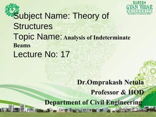 Subject Name: Theory of
Structures
Topic Name:Analysis of Indeterminate
Beams
Lecture No: 17
Dr.Omprakash Netula
Professor & HOD
Department of Civil Engineering
09/28/17 Lecture Number, Unit Number 1
 