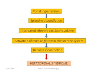Portal Hypertension
Splanchnic vasodilation
Activation of renin-angiotensin-aldosterone system
Decreased effective circulatory volume
Renal vasocontriction
HEPATORENAL SYNDROME
13/05/2023 MUHAS, Department of Surgery 17
 