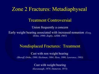 Treatment Controversial
Union frequently a concern
Early weight bearing associated with increased nonunion (Torg,
Ortho, 1990; Zogby, AJSM, 1987)
Nondisplaced Fractures: Treatment
Cast with non weight bearing
(Shereff, Ortho, 1990; Heckman, 1984; Hens, 1990; Lawrence, 1993)
Cast with weight bearing
(Kavanaugh, 1978; Dameron, 1975)
Zone 2 Fractures: Metadiaphyseal
 