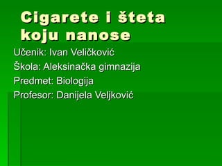 Cigarete i šteta
 koju nanose
Učenik: Ivan Veličković
Škola: Aleksinačka gimnazija
Predmet: Biologija
Profesor: Danijela Veljković
 