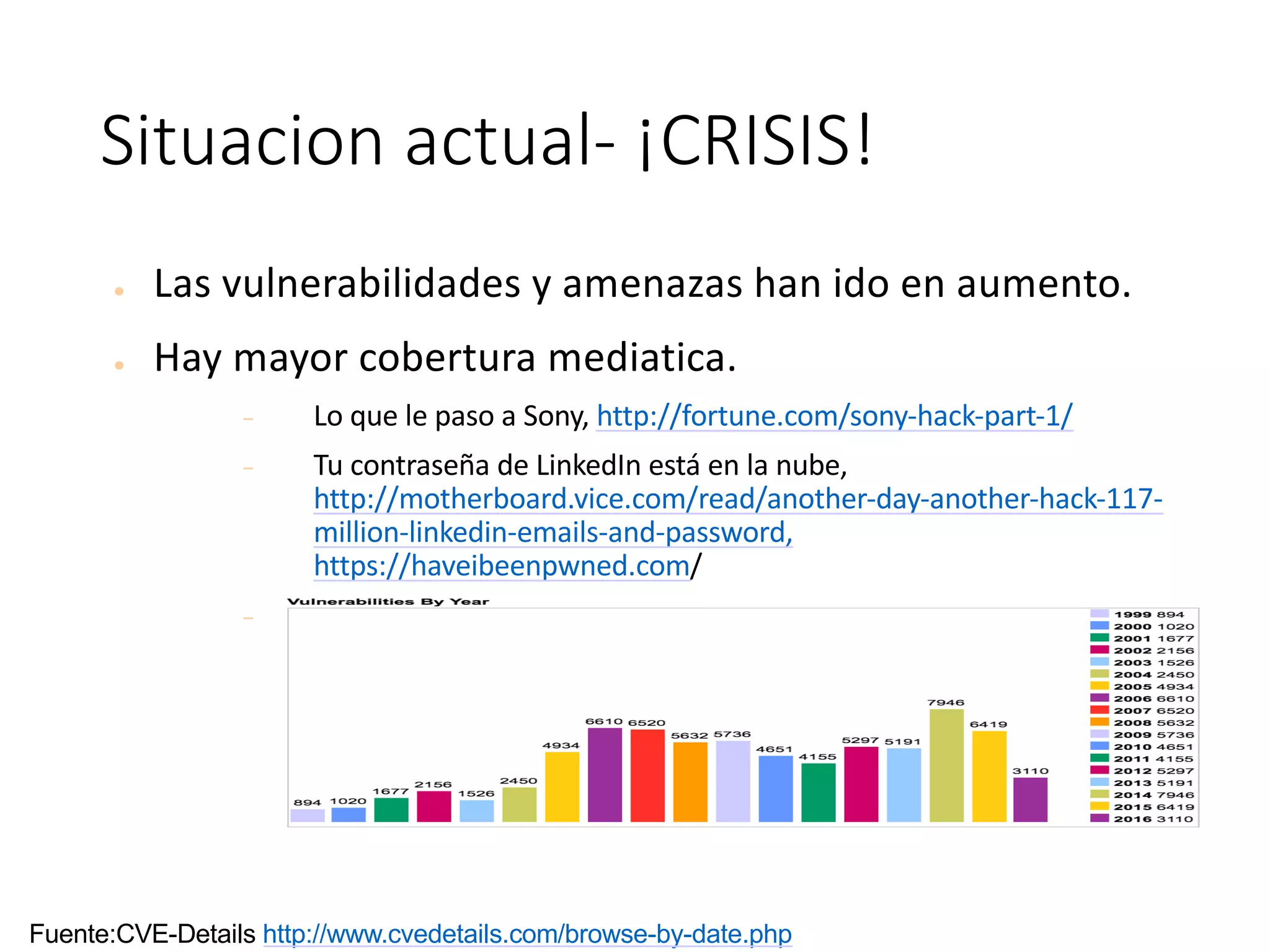 Situacion	actual- ¡CRISIS!
● Las	vulnerabilidades	y	amenazas	han	ido	en	aumento.
● Hay	mayor	cobertura	mediatica.
− Lo	que	le	paso	a	Sony,	http://fortune.com/sony-hack-part-1/
− Tu	contraseña	de	LinkedIn	está	en	la	nube,	
http://motherboard.vice.com/read/another-day-another-hack-117-
million-linkedin-emails-and-password,	
https://haveibeenpwned.com/
− ¿Algo	más	local?,	¡A	hackear	la	democracia	en	LatinoAmerica!,	
http://www.bloomberg.com/features/2016-como-manipular-una-
eleccion/
Fuente:CVE-Details http://www.cvedetails.com/browse-by-date.php
 