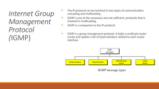 Internet Group
Management
Protocol
(IGMP)
• The IP protocol can be involved in two types of communication:
unicasting and multicasting.
• IGMP is one of the necessary, but not sufficient, protocols that is
involved in multicasting.
• IGMP is a companion to the IP protocol.
• IGMP is a group management protocol. It helps a multicast router
create and update a list of loyal members related to each router
interface.
IGMP message types
 