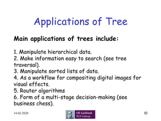 Applications of Tree
14-02-2020 10
Main applications of trees include:
1. Manipulate hierarchical data.
2. Make informatio...