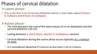 Phases of cervical dilatation
Latent phase:
• This is the first 3 cm of cervical dilatation which is slow takes about 8 hours
in nullipara and 4 hours in multipara.
Active phase:
• The time between the end of the latent phase (3–4 cm dilatation) and full
cervical dilatation (10 cm)
• Lasting between 2 and 6 hours, shorter in multiparous women
• Cervical dilatation during the active phase occurs typically at 1 cm/hour
or more
• It is considered abnormal if it occurs at less than 1 cm in 2 hours.
 