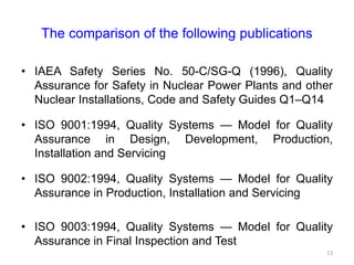 The comparison of the following publications
• IAEA Safety Series No. 50-C/SG-Q (1996), Quality
Assurance for Safety in Nuclear Power Plants and other
Nuclear Installations, Code and Safety Guides Q1–Q14
• ISO 9001:1994, Quality Systems — Model for Quality
Assurance in Design, Development, Production,
Installation and Servicing
• ISO 9002:1994, Quality Systems — Model for Quality
Assurance in Production, Installation and Servicing
• ISO 9003:1994, Quality Systems — Model for Quality
Assurance in Final Inspection and Test
13
 
