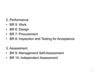 2. Performance
• BR 5: Work
• BR 6: Design
• BR 7: Procurement
• BR 8: Inspection and Testing for Acceptance
3. Assessment
• BR 9: Management Self-Assessment
• BR 10: Independent Assessment
15
 