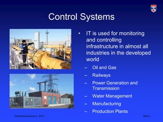 Control Systems
                                         •   IT is used for monitoring
                                             and controlling
                                             infrastructure in almost all
                                             industries in the developed
                                             world
                                             –   Oil and Gas
                                             –   Railways
                                             –   Power Generation and
                                                 Transmission
                                             –   Water Management
                                             –   Manufacturing
                                             –   Production Plants
Critical Infrastructure 2,, 2013                                        Slide 3
 