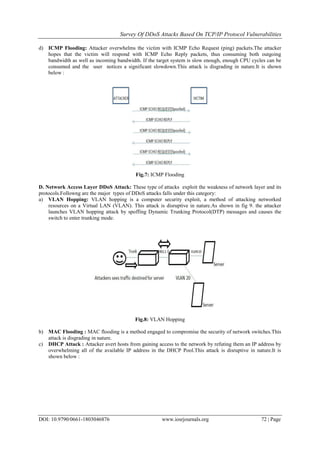 Survey Of DDoS Attacks Based On TCP/IP Protocol Vulnerabilities
DOI: 10.9790/0661-1803046876 www.iosrjournals.org 72 | Page
d) ICMP Flooding: Attacker overwhelms the victim with ICMP Echo Request (ping) packets.The attacker
hopes that the victim will respond with ICMP Echo Reply packets, thus consuming both outgoing
bandwidth as well as incoming bandwidth. If the target system is slow enough, enough CPU cycles can be
consumed and the user notices a significant slowdown.This attack is disgrading in nature.It is shown
below :
Fig.7: ICMP Flooding
D. Network Access Layer DDoS Attack: These type of attacks exploit the weakness of network layer and its
protocols.Followng are the major types of DDoS attacks falls under this category:
a) VLAN Hopping: VLAN hopping is a computer security exploit, a method of attacking networked
resources on a Virtual LAN (VLAN). This attack is disruptive in nature.As shown in fig 9. the attacker
launches VLAN hopping attack by spoffing Dynamic Trunking Protocol(DTP) messages and causes the
switch to enter trunking mode.
Fig.8: VLAN Hopping
b) MAC Flooding : MAC flooding is a method engaged to compromise the security of network switches.This
attack is disgrading in nature.
c) DHCP Attack : Attacker avert hosts from gaining access to the network by refuting them an IP address by
overwhelming all of the available IP address in the DHCP Pool.This attack is disruptive in nature.It is
shown below :
 