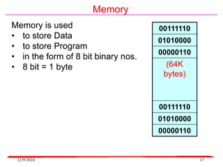 12/9/2024 17
Memory
00111110
01010000
00000110
(64K
bytes)
00111110
01010000
00000110
Memory is used
• to store Data
• to store Program
• in the form of 8 bit binary nos.
• 8 bit = 1 byte
 