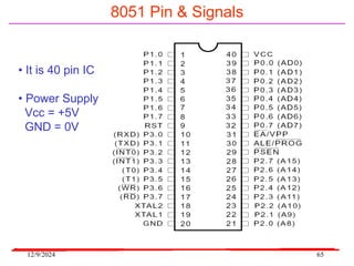 12/9/2024 65
8051 Pin & Signals
• It is 40 pin IC
• Power Supply
Vcc = +5V
GND = 0V
 