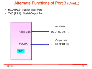 12/9/2024 78
Alternate Functions of Port 3 (Cont..)
• RXD (P3.0) : Serial Input Port
• TXD (P3.1) : Serial Output Port
RXD(P3.0)
TXD(P3.1)
8051
Input data
D0 D1 D2 D3 . . .
Output data
. . . D3 D2 D1 D0
 