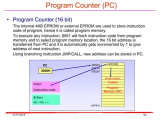 12/9/2024 96
Program Counter (PC)
• Program Counter (16 bit)
The Internal 4KB EPROM or external EPROM are used to store instruction
code of program, hence it is called program memory.
To execute any instruction, 8051 will fetch instruction code from program
memory and to select program memory location, the 16 bit address is
transferred from PC and it is automatically gets incremented by 1 to give
address of next instruction.
Using branching instruction JMP/CALL, new address can be stored in PC.
0000H
PC OPCODE
0000H
0001H
0002H
0FFFH
(Instruction
Codes)
Program
Memory (4K)
Fetch
instruction code
& then
PC = PC + 1
 
