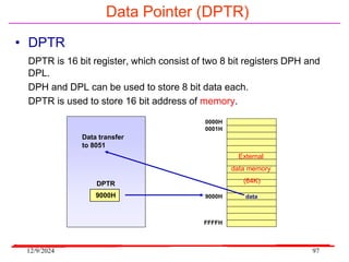 12/9/2024 97
Data Pointer (DPTR)
• DPTR
DPTR is 16 bit register, which consist of two 8 bit registers DPH and
DPL.
DPH and DPL can be used to store 8 bit data each.
DPTR is used to store 16 bit address of memory.
data
0000H
0001H
9000H
FFFFH
External
data memory
(64K)
9000H
DPTR
Data transfer
to 8051
 
