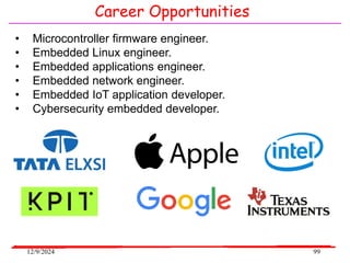 12/9/2024 99
Career Opportunities
• Microcontroller firmware engineer.
• Embedded Linux engineer.
• Embedded applications engineer.
• Embedded network engineer.
• Embedded IoT application developer.
• Cybersecurity embedded developer.
 
