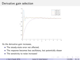 Derivative gain selection
0 1 2 3 4 5 6 7 8 9 10
t
0
0.2
0.4
0.6
0.8
1
1.2
1.4
y
kP
=50, kD
=2
kP
=50, kD
=5
kP
=50, kD
=10
kP
=50, kD
=50
As the derivative gain increases,
The steady-state error not affected;
The response becomes less oscillatory, but potentially slower
The sensitivity to noise increases!
J. Tani, E. Frazzoli (ETH) Lecture 12: Control Systems I 7/12/2018 20 / 31
 