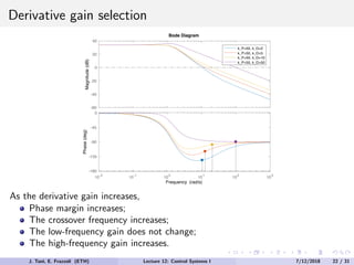 Derivative gain selection
-60
-40
-20
0
20
40
Magnitude
(dB)
k_P=50, k_D=2
k_P=50, k_D=5
k_P=50, k_D=10
k_P=50, k_D=50
10-2
10-1
100
101
102
103
-180
-135
-90
-45
0
Phase
(deg)
Bode Diagram
Frequency (rad/s)
As the derivative gain increases,
Phase margin increases;
The crossover frequency increases;
The low-frequency gain does not change;
The high-frequency gain increases.
J. Tani, E. Frazzoli (ETH) Lecture 12: Control Systems I 7/12/2018 22 / 31
 