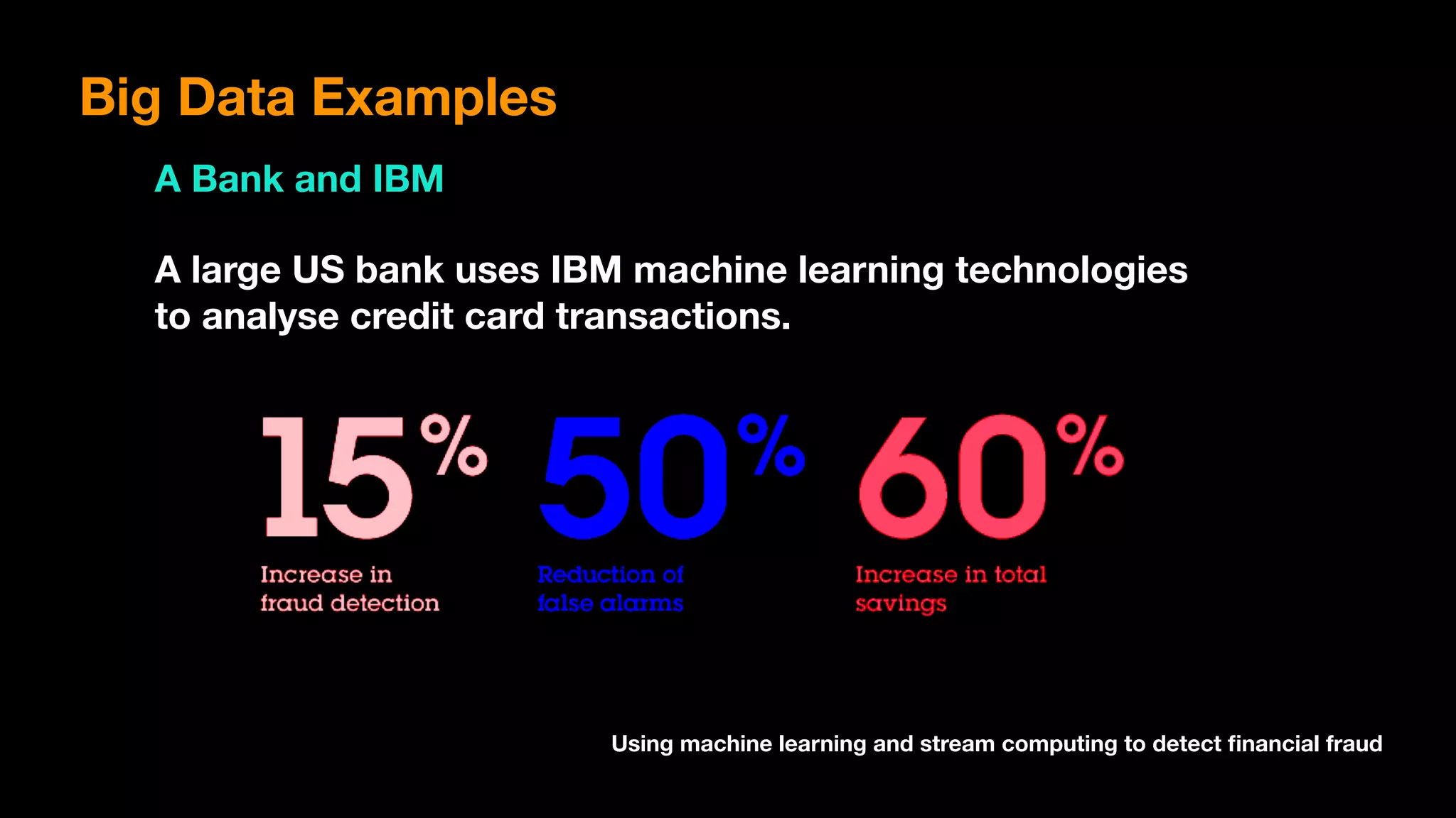 Big Data Examples
A Bank and IBM
A large US bank uses IBM machine learning technologies
to analyse credit card transactions.
Using machine learning and stream computing to detect ﬁnancial fraud
 