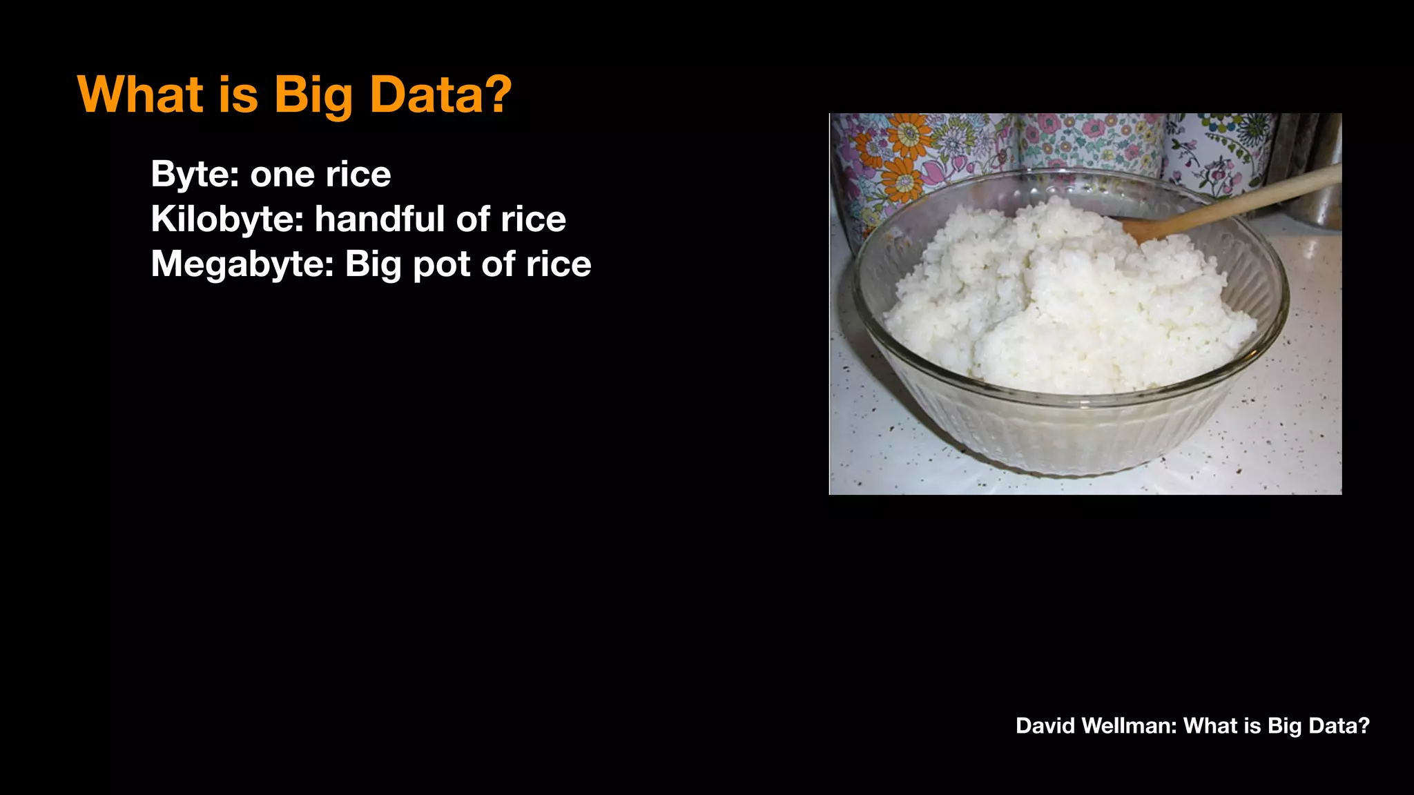 Byte: one rice 
Kilobyte: handful of rice 
Megabyte: Big pot of rice
David Wellman: What is Big Data?
What is Big Data?
 