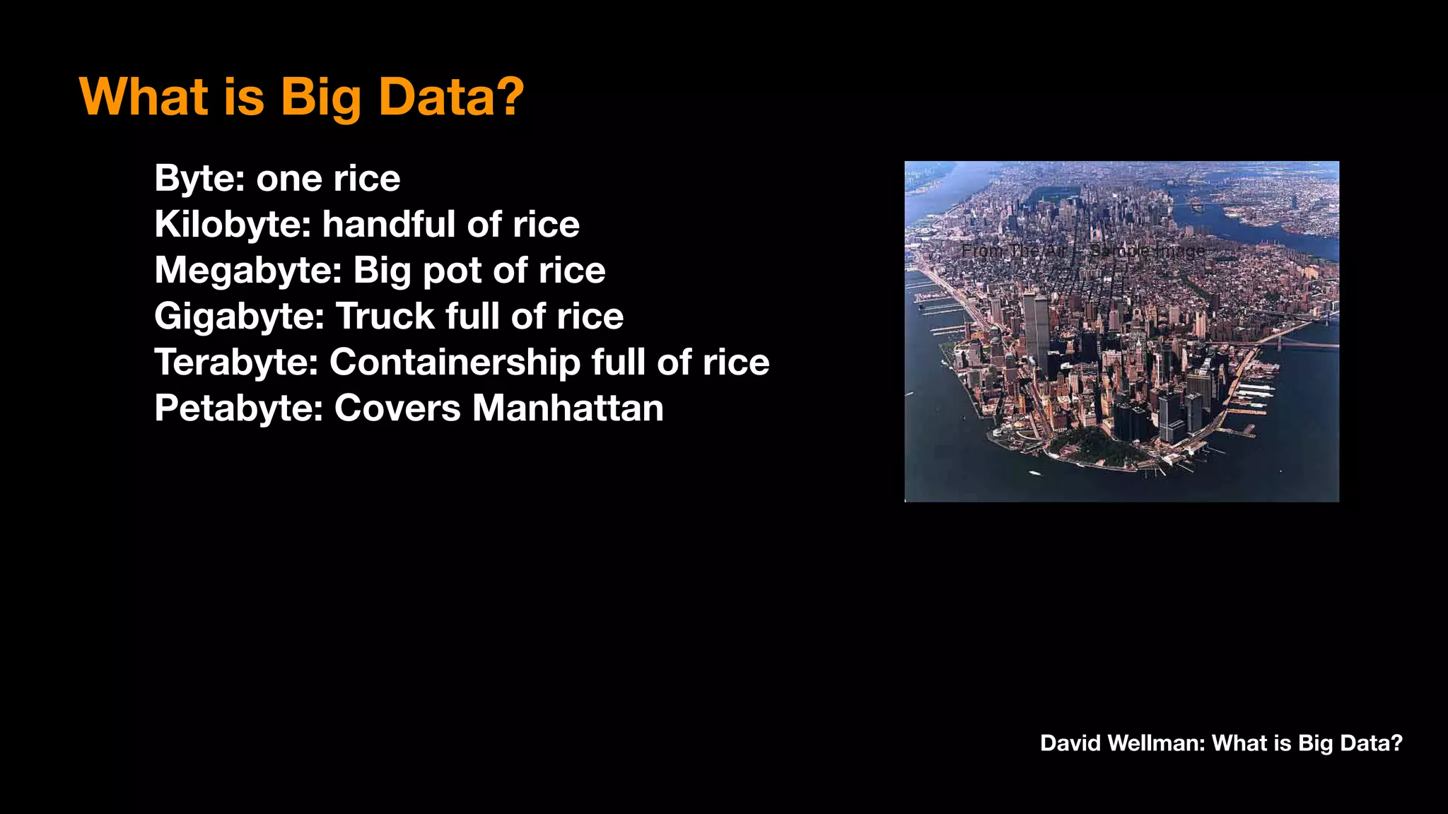 Byte: one rice 
Kilobyte: handful of rice 
Megabyte: Big pot of rice 
Gigabyte: Truck full of rice 
Terabyte: Containership full of rice 
Petabyte: Covers Manhattan
David Wellman: What is Big Data?
What is Big Data?
 