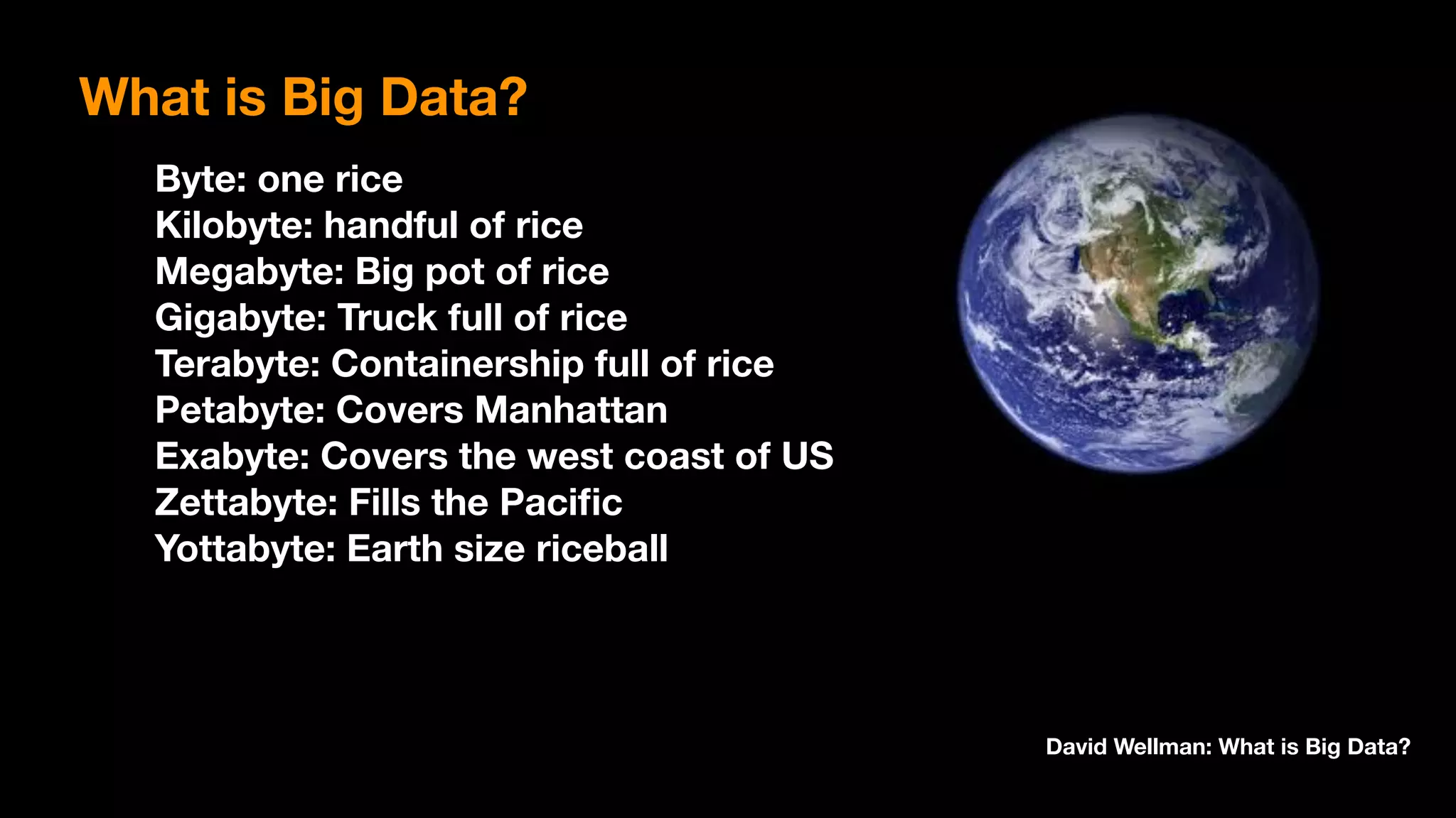 Byte: one rice 
Kilobyte: handful of rice 
Megabyte: Big pot of rice 
Gigabyte: Truck full of rice 
Terabyte: Containership full of rice 
Petabyte: Covers Manhattan 
Exabyte: Covers the west coast of US 
Zettabyte: Fills the Paciﬁc 
Yottabyte: Earth size riceball
David Wellman: What is Big Data?
What is Big Data?
 
