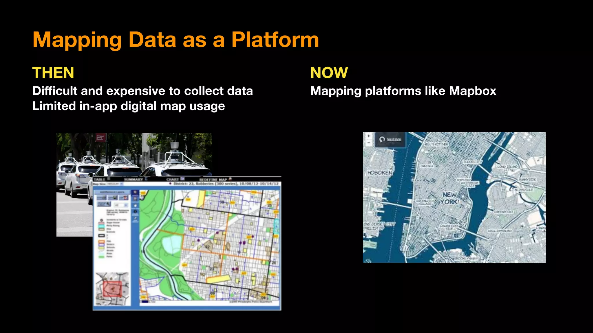 Mapping Data as a Platform
Diﬃcult and expensive to collect data
Limited in-app digital map usage
Mapping platforms like Mapbox
THEN NOW
 