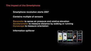 The Impact of the Smartphone
Smartphone revolution starts 2007
Contains multiple of sensors
Barometer to sense air pressure and relative elevation
Accelerometer to measure distance by walking or running
Gyroscope to measure orientation
Information spillover
 