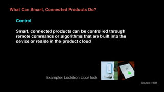 What Can Smart, Connected Products Do?
Control
Smart, connected products can be controlled through
remote commands or algorithms that are built into the
device or reside in the product cloud
Source: HBR
Example: Lockitron door lock
 