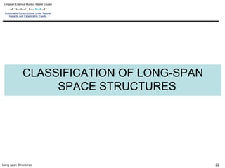 L10 – B.2 – Mechanical properties of cast iron, mild iron and steel at historical structures
European Erasmus Mundus Master Course
Sustainable Constructions under Natural
Hazards and Catastrophic Events
Long span Structures
CLASSIFICATION OF LONG-SPAN
SPACE STRUCTURES
22
 