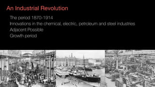 An Industrial Revolution
The period 1870-1914
Innovations in the chemical, electric, petroleum and steel industries
Adjacent Possible
Growth period
 