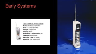 Early Systems
The First Cell phone (1973)
Name:	Motorola	Dyna-Tac 
Size:	9	x	5	x	1.75	inches 
Weight:	2.5	pounds 
Display:	None 
Number	of	Circuit	Boards:	30 
Talk	time:	35	minutes 
Recharge	Time:	10	hours 
Features:	Talk,	listen,	dial
 