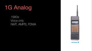 1G Analog
1980s
Voice only
NMT, AMPS, FDMA
 