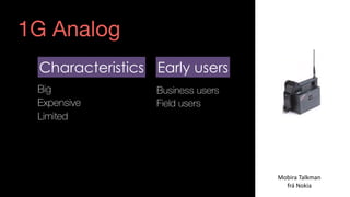 Big
Expensive
Limited
Characteristics
Business users
Field users
Mobira	Talkman	 
frá	Nokia
1G Analog
Early users
 
