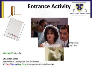Entrance Activity
YOU MUST identify:
Character Name
Actor/Actress that plays that character
X1 Fact/theory/Key Term that applies to that character
Mama Lucas
(Ruby Dee)
 