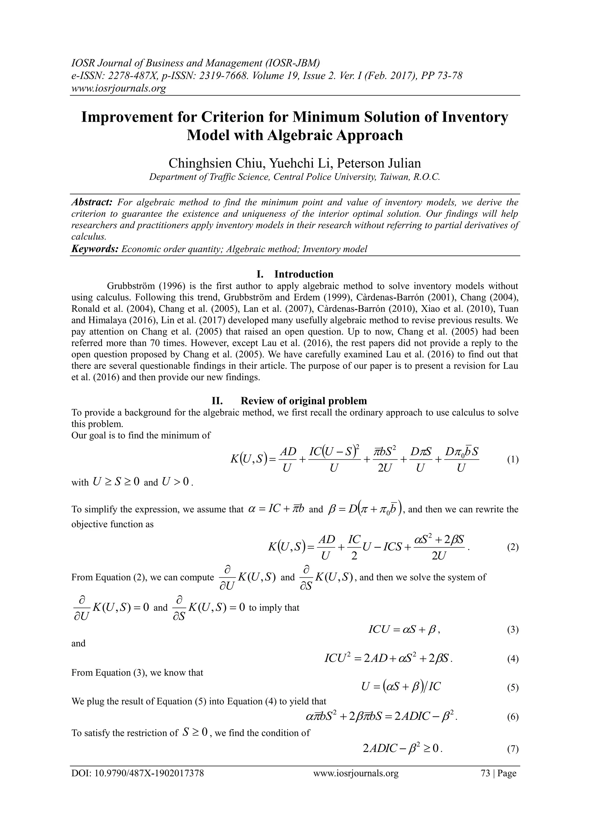 Improvement for Criterion for Minimum Solution of Inventory Model with ...