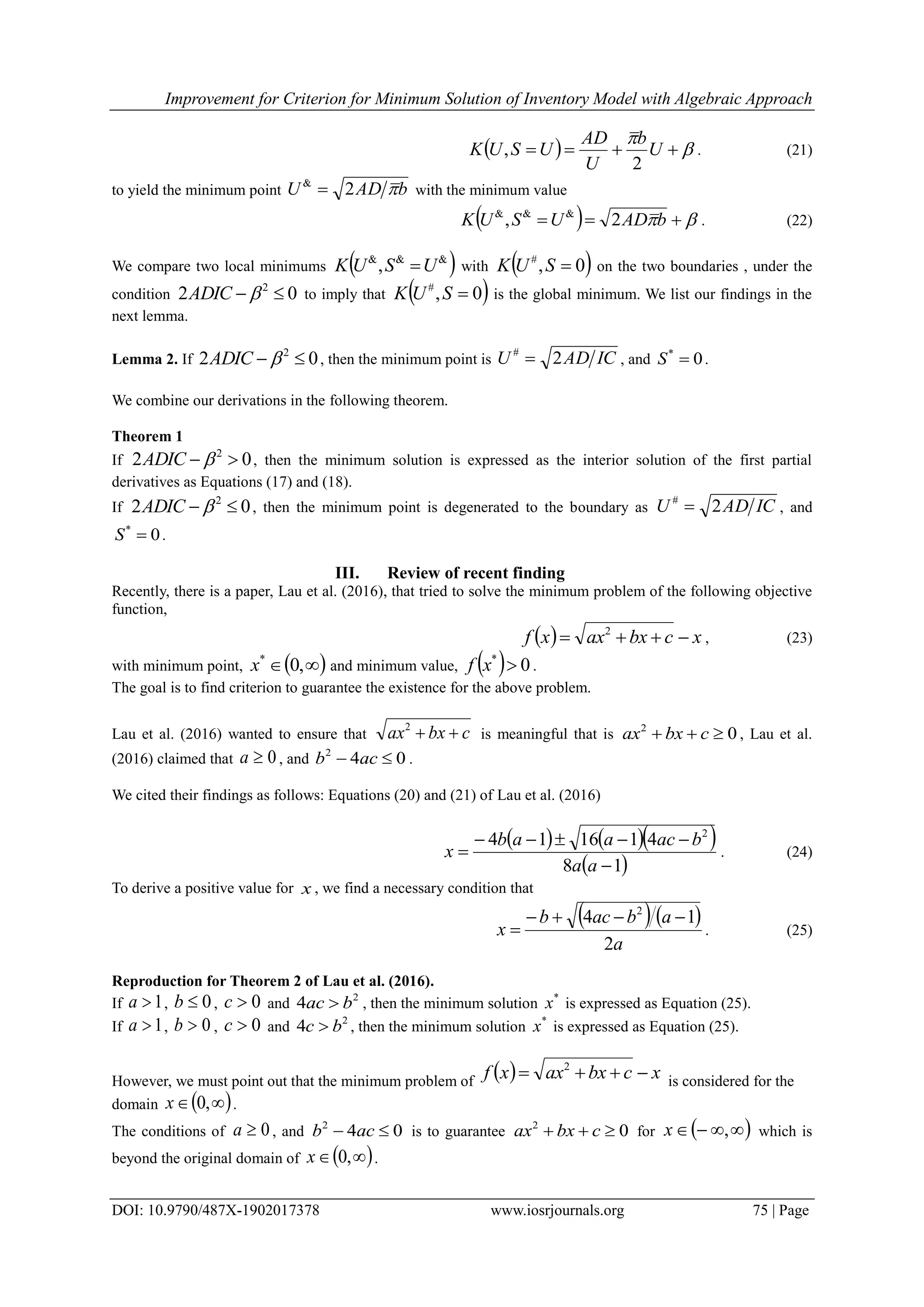 Improvement for Criterion for Minimum Solution of Inventory Model with ...
