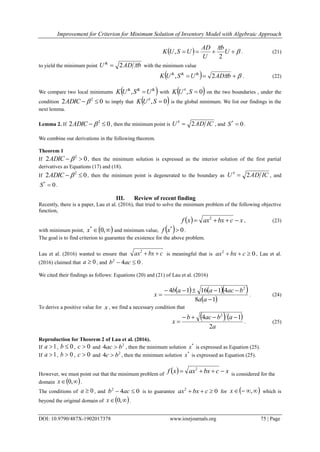 Improvement for Criterion for Minimum Solution of Inventory Model with ...