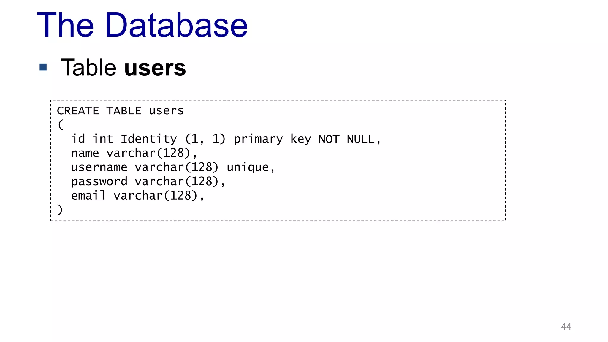 The Database 
 Table users 
44 
CREATE TABLE users 
( 
id int Identity (1, 1) primary key NOT NULL, 
name varchar(128), 
username varchar(128) unique, 
password varchar(128), 
email varchar(128), 
) 
 