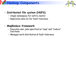 Hadoop Components
• Distributed file system (HDFS)
– Single namespace for entire cluster
– Replicates data 3x for fault-tolerance
• MapReduce framework
– Executes user jobs specified as “map” and “reduce”
functions
– Manages work distribution & fault-tolerance
 