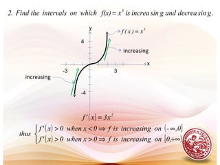 .gsindecreaandgsinincreaisxf(x)whichonintervalstheFind.2 3
=
3
x)x(f =
( )
( ) ( ]
( ) [ )


+∞⇒>>
∞⇒<>
=
0,onincreasingisf0xwhen0x'f
,0-onincreasingisf0xwhen0x'f
thus
x3x'f 2
increasing
increasing
y
-4
3
4
x
-3
 