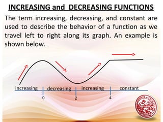0 2 4
increasing decreasing increasing constant
The term increasing, decreasing, and constant are
used to describe the behavior of a function as we
travel left to right along its graph. An example is
shown below.
INCREASING and DECREASING FUNCTIONS
 