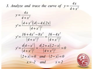 2
x4
x4
yofcurvethetraceandAnalyze.3
+
=
( )( ) ( )
( )
( ) ( )
( )
( )
( )( )
( )
( ) ( )
2xand-2x
0x2and0x2
0
x4
x2x24
x4
x44
'y
x4
x416
x4
x8x416
'y
x4
x2x44x4
'y
x4
x4
y
2222
2
22
2
22
22
22
2
2
==
=−=+
=
+
−+
=
+
−
=
+
−
=
+
−+
=
+
−+
=
+
=
 