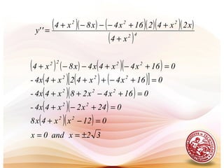 ( )( ) ( )( )( )( )
( )
( ) ( ) ( )( )
( ) ( ) ( )[ ]
( )( )
( )( )
( )( )
32xand0x
012xx4x8
024x2x44x-
016x4x28x44x-
016x4x42x44x-
016x4x4x4x8x4
x4
x2x4216x4x8x4
''y
22
22
222
222
2222
42
222
±==
=−+
=+−+
=+−++
=+−+++
=+−+−−+
+
++−−−+
=
 