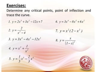 7x12x3x2y.1 23
+−+=
4x
2
y.2 2
−
=
234
x12x4x3y.3 −−=
2
2
x
1
xy.4 +=
35
x
3
2
x
5
1
y.5 −=
234
x6x8x3y.6 +−=
)x2(xy.7 22
−=
( )2
x1
x
y.8
−
=
Exercises:
Determine any critical points, point of inflection and
trace the curve.
 