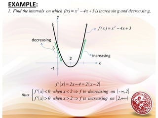 .gsindecreaandgsinincreais3x4xf(x)whichonintervalstheFind.1 2
+−=
y
( ) ( )
( ) ( ]
( ) [ )


+∞⇒>>
∞⇒<<
−=−=
2,onincreasingisf2xwhen0x'f
,2-ondecreasingisf2xwhen0x'f
thus
2x24x2x'f
-1
2
3
x
3x4x)x(f 2
+−=
increasing
decreasing
EXAMPLE:
 
