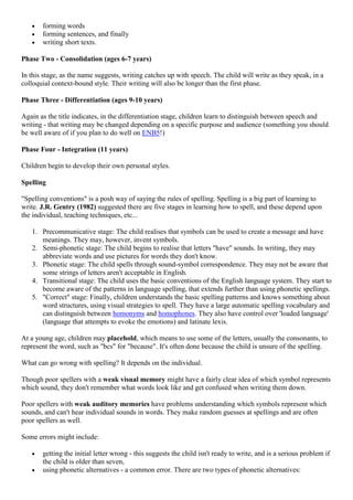 forming words
forming sentences, and finally
writing short texts.
Phase Two - Consolidation (ages 6-7 years)
In this stage, as the name suggests, writing catches up with speech. The child will write as they speak, in a
colloquial context-bound style. Their writing will also be longer than the first phase.
Phase Three - Differentiation (ages 9-10 years)
Again as the title indicates, in the differentiation stage, children learn to distinguish between speech and
writing - that writing may be changed depending on a specific purpose and audience (something you should
be well aware of if you plan to do well on ENB5!)
Phase Four - Integration (11 years)
Children begin to develop their own personal styles.
Spelling
"Spelling conventions" is a posh way of saying the rules of spelling. Spelling is a big part of learning to
write. J.R. Gentry (1982) suggested there are five stages in learning how to spell, and these depend upon
the individual, teaching techniques, etc...
1. Precommunicative stage: The child realises that symbols can be used to create a message and have
meanings. They may, however, invent symbols.
2. Semi-phonetic stage: The child begins to realise that letters "have" sounds. In writing, they may
abbreviate words and use pictures for words they don't know.
3. Phonetic stage: The child spells through sound-symbol correspondence. They may not be aware that
some strings of letters aren't acceptable in English.
4. Transitional stage: The child uses the basic conventions of the English language system. They start to
become aware of the patterns in language spelling, that extends further than using phonetic spellings.
5. "Correct" stage: Finally, children understands the basic spelling patterns and knows something about
word structures, using visual strategies to spell. They have a large automatic spelling vocabulary and
can distinguish between homonyms and homophones. They also have control over 'loaded language'
(language that attempts to evoke the emotions) and latinate lexis.
At a young age, children may placehold, which means to use some of the letters, usually the consonants, to
represent the word, such as "bcs" for "because". It's often done because the child is unsure of the spelling.
What can go wrong with spelling? It depends on the individual.
Though poor spellers with a weak visual memory might have a fairly clear idea of which symbol represents
which sound, they don't remember what words look like and get confused when writing them down.
Poor spellers with weak auditory memories have problems understanding which symbols represent which
sounds, and can't hear individual sounds in words. They make random guesses at spellings and are often
poor spellers as well.
Some errors might include:
getting the initial letter wrong - this suggests the child isn't ready to write, and is a serious problem if
the child is older than seven,
using phonetic alternatives - a common error. There are two types of phonetic alternatives:
 